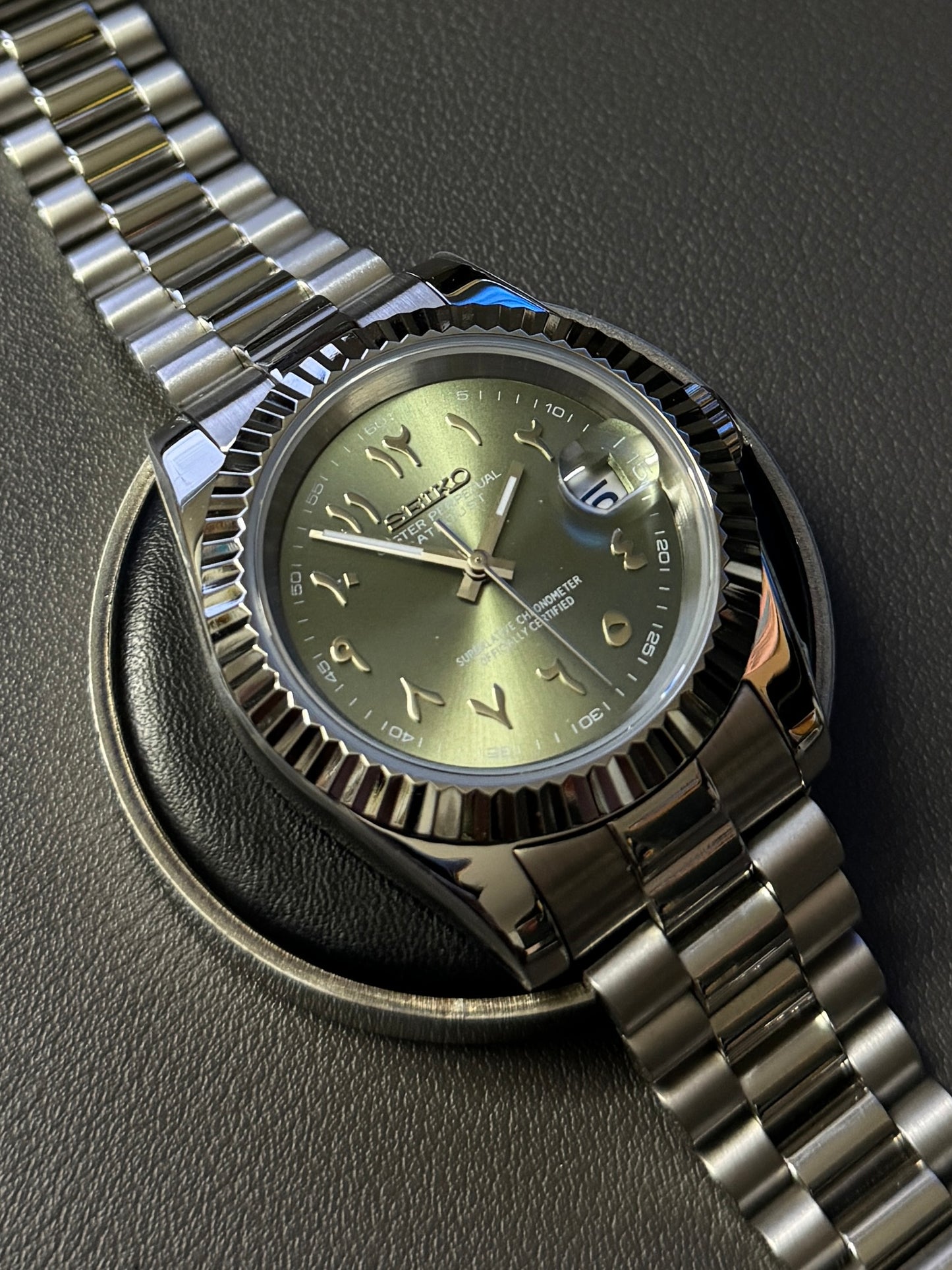 DateJust: Stainless Steel Olive Green Dial Arabic Markers w/ Presidential Bracelet