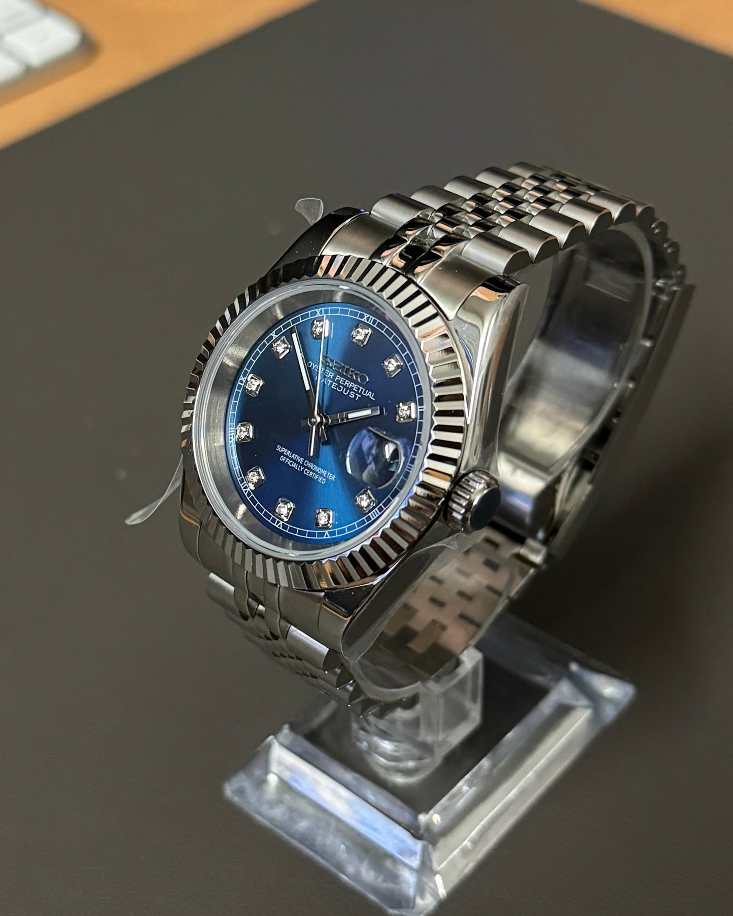 Seiko Mod DateJust: Stainless Steel Blue Dial Gem Markers w/ Jubilee Bracelet