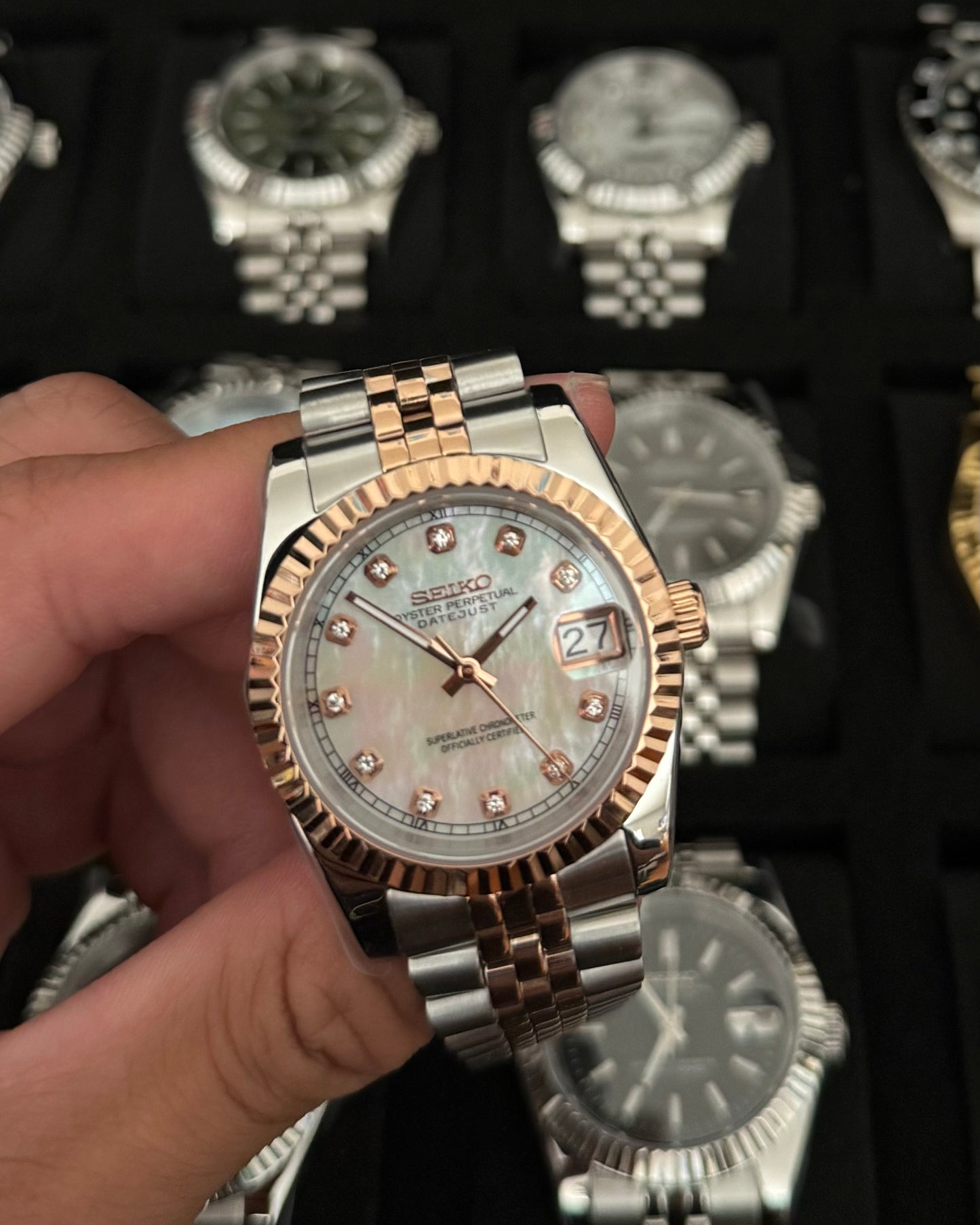 Seiko Mod DateJust: Two-Tone Rose Gold Mother of Pearl Dial Gem Markers w/ Jubilee Bracelet