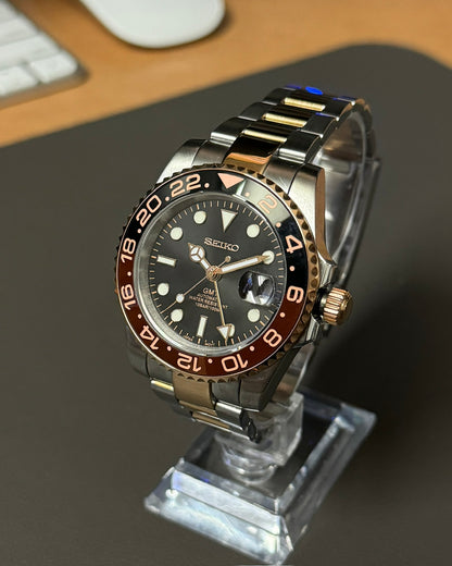 GMT: Two-Tone Rose Gold Root Beer Rotating Bezel w/ Oyster Bracelet