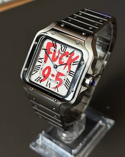 Santos: Stainless Steel White “Fuck 9-5” Dial Roman Markers