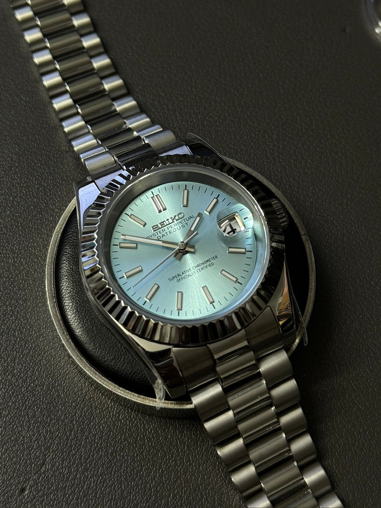 DateJust: Stainless Steel Ice Blue Dial Stick Markers w/ Presidential Bracelet