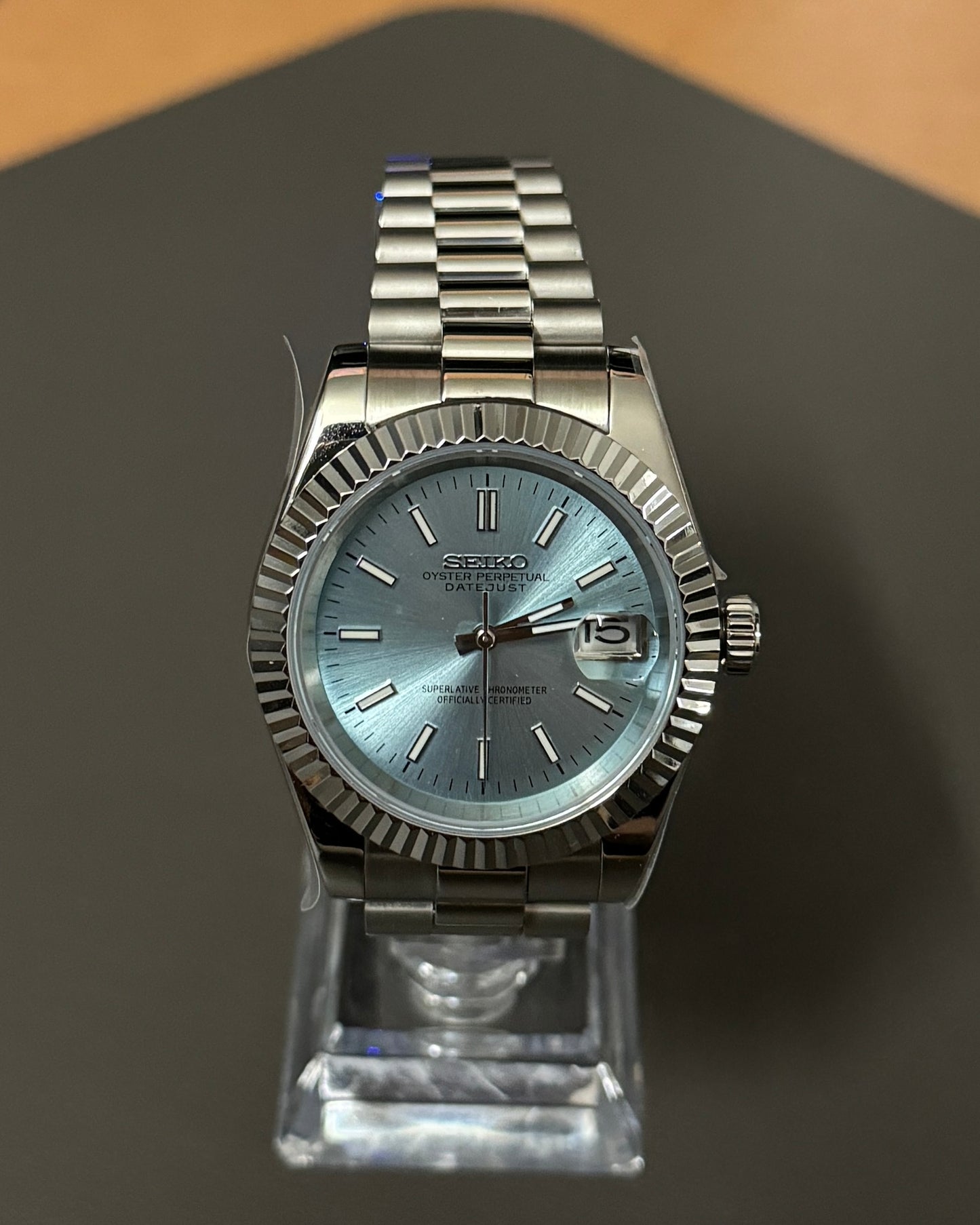 DateJust: Stainless Steel Ice Blue Dial Stick Markers w/ Presidential Bracelet
