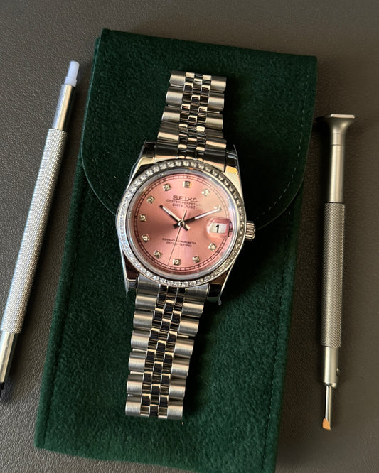 Seiko Mod DateJust: Stainless Steel Sunburst Pink Dial Gem Markers w/ Jubilee Bracelet