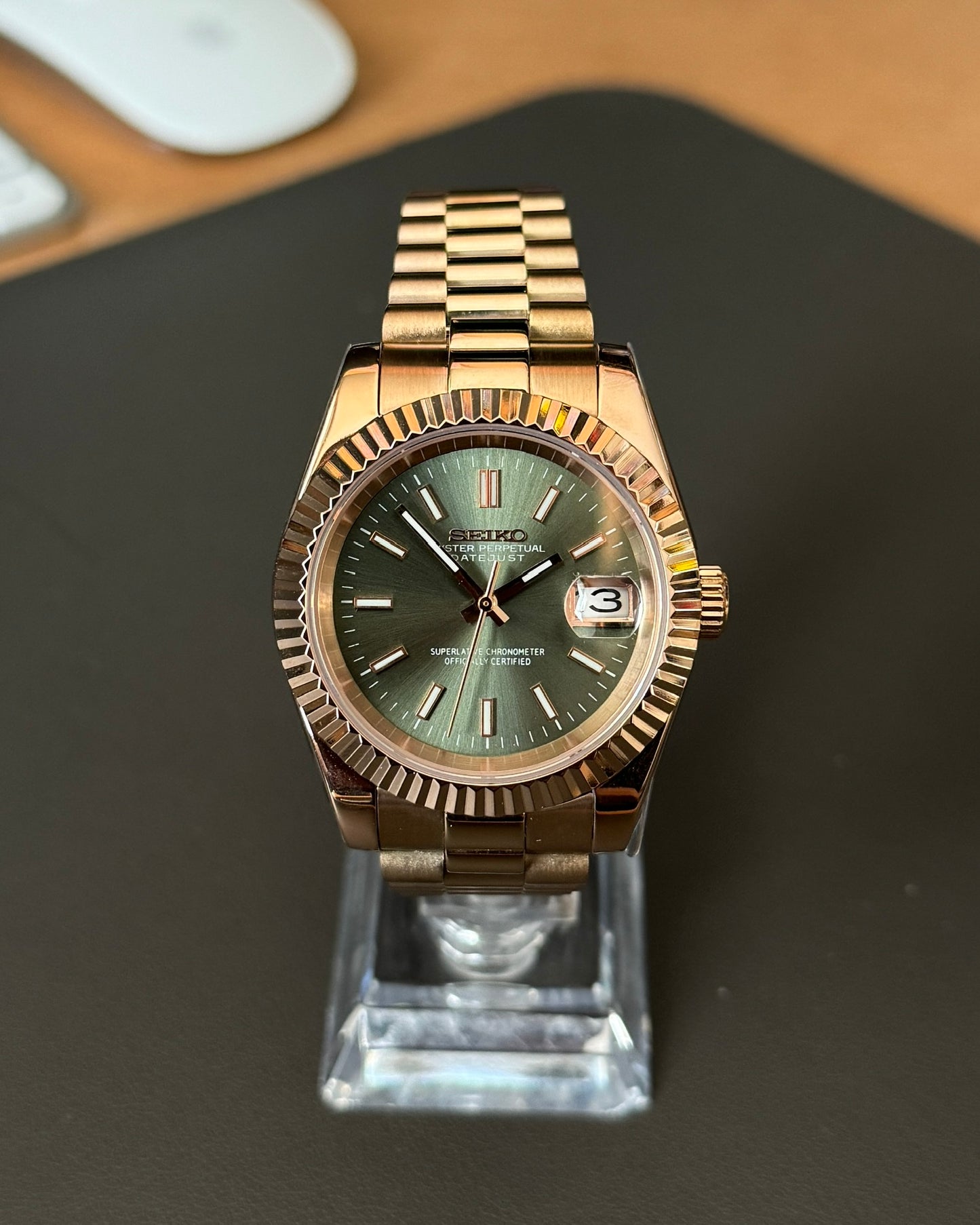 DateJust: Rose Gold Olive Green Dial Stick Markers w/ Presidential Bracelet