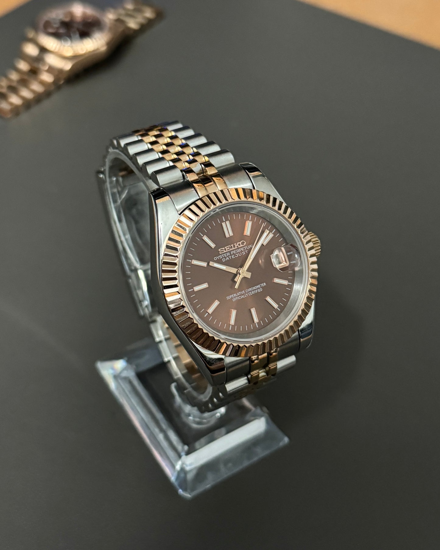 Seiko Mod DateJust: Two Tone Rose Gold Chocolate Dial Stick Markers w/ Jubilee Bracelet