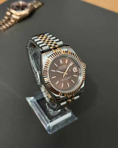 Seiko Mod DateJust: Two Tone Rose Gold Chocolate Dial Stick Markers w/ Jubilee Bracelet
