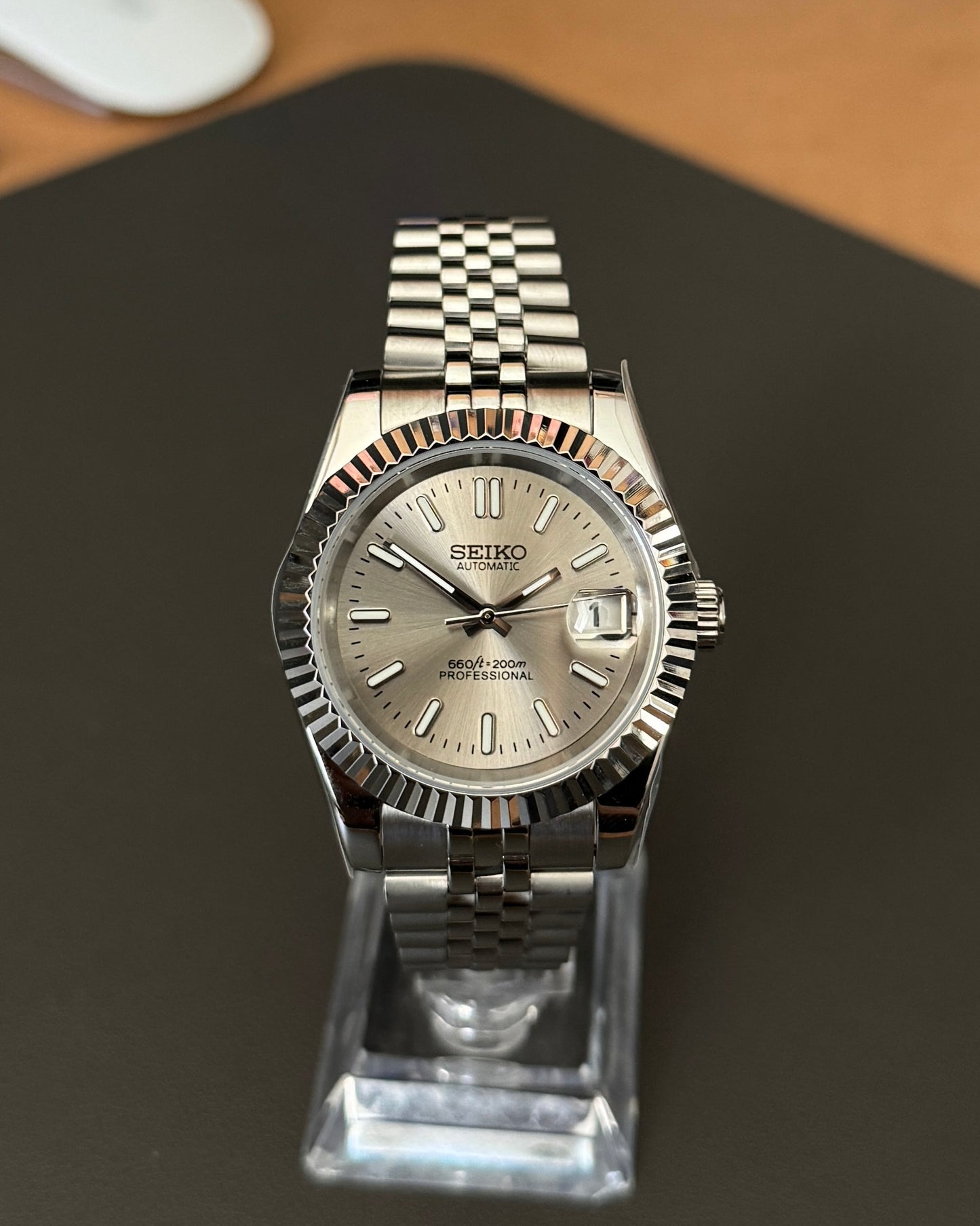 Seiko Mod DateJust: Stainless Steel Tan Dial Stick Markers w/ Jubilee Bracelet