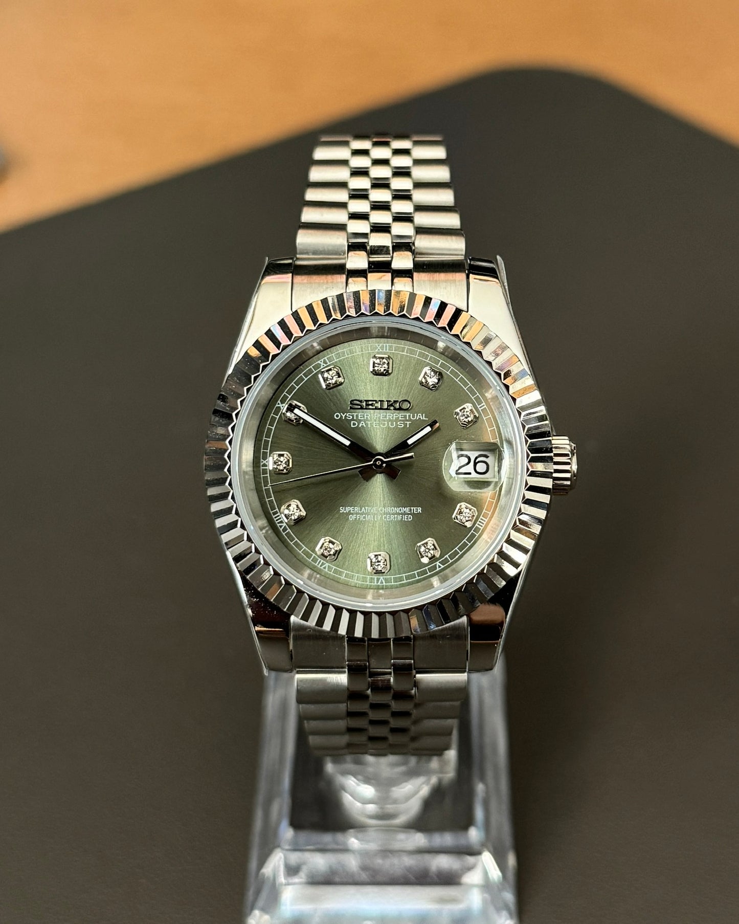 DateJust: Stainless Steel Sunburst Olive Dial Gem Markers w/ Jubilee Bracelet