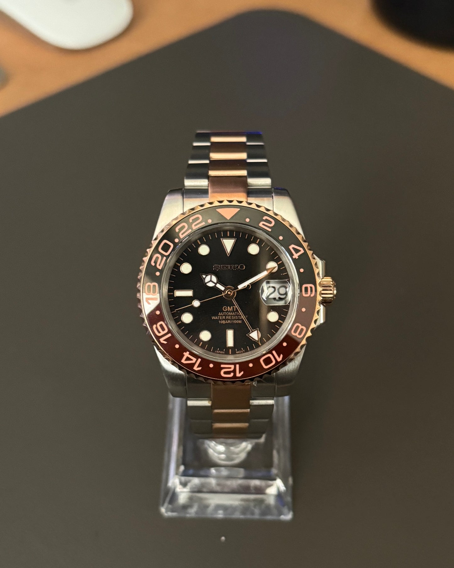 Seiko Mod GMT: Two-Tone Rose Gold Root Beer Rotating Bezel w/ Oyster Bracelet