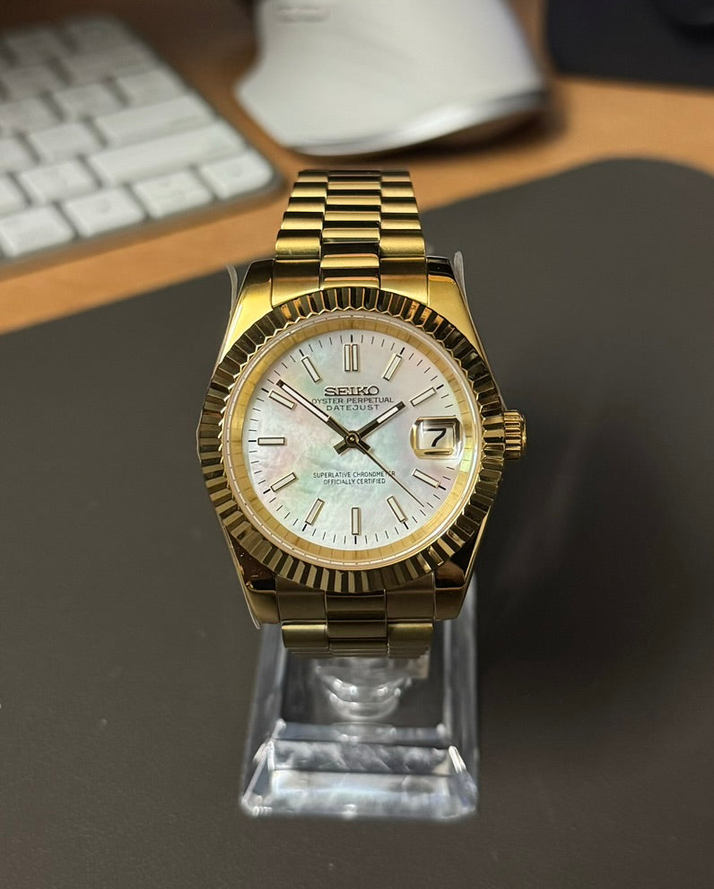 Seiko Mod DateJust: Yellow Gold Mother of Pearl Dial Stick Markers w/ Presidential Bracelet