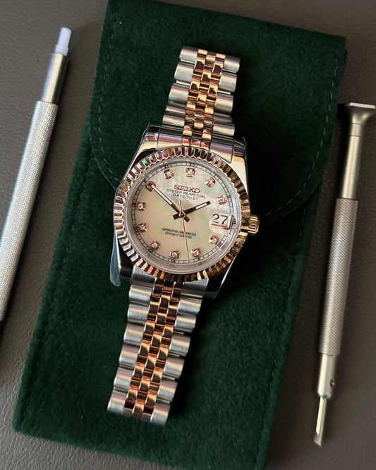 Seiko Mod DateJust: Two-Tone Rose Gold Mother of Pearl Dial Gem Markers w/ Jubilee Bracelet