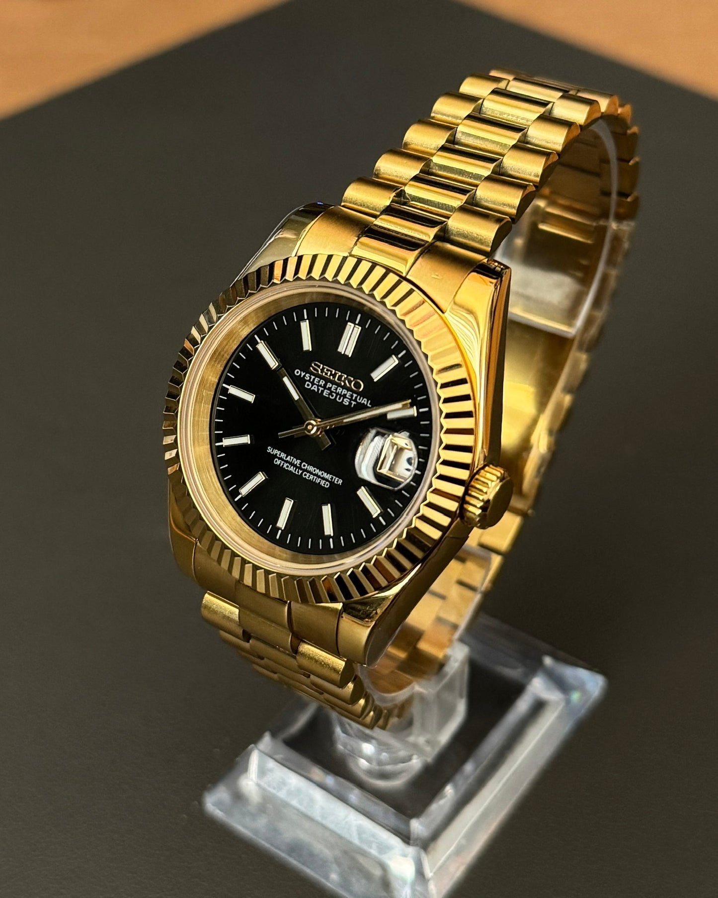 DateJust: Gold Black Dial Stick Markers w/ Presidential Bracelet