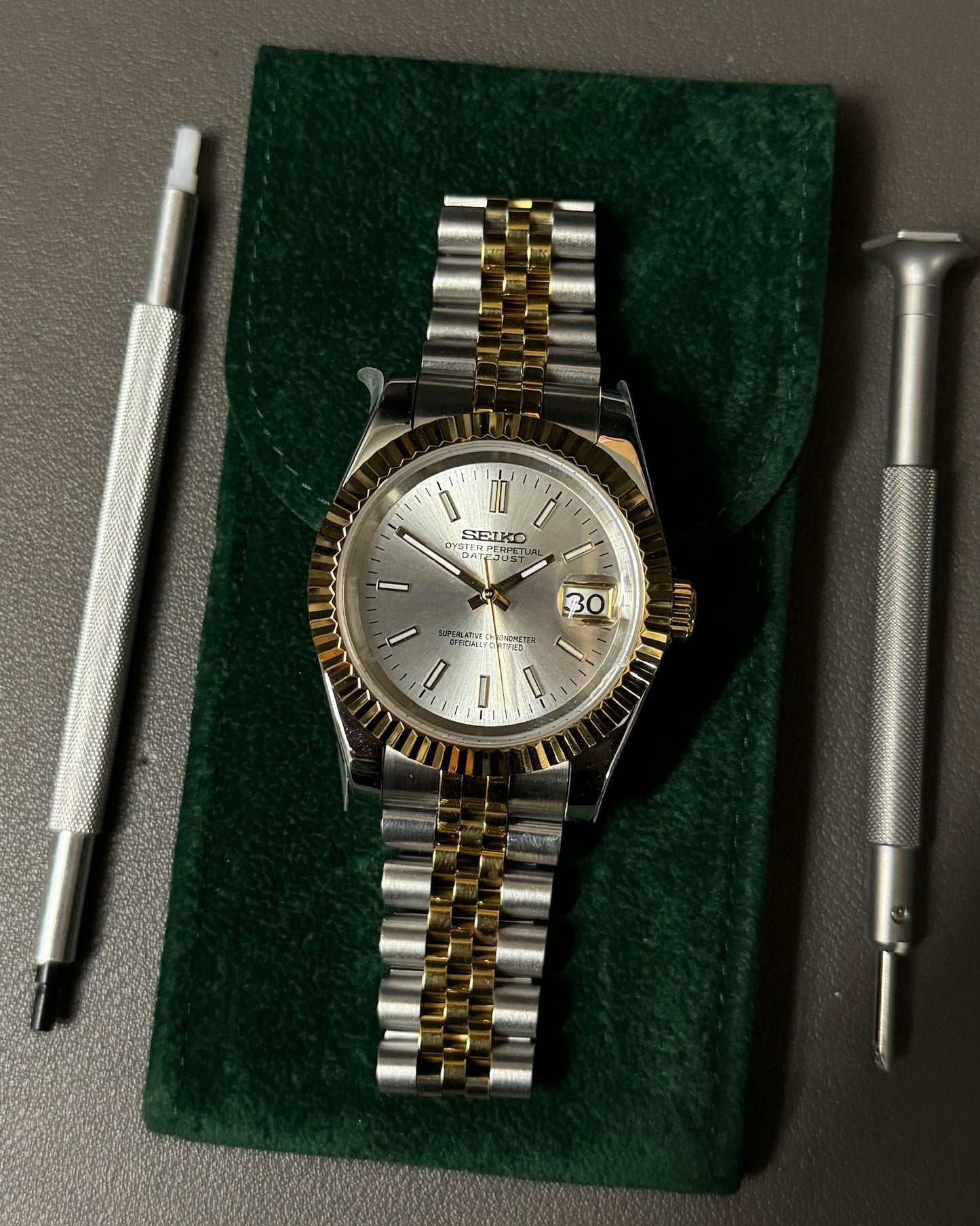 DateJust: Two-Tone Gold White Dial Stick Markers w/ Jubilee Bracelet