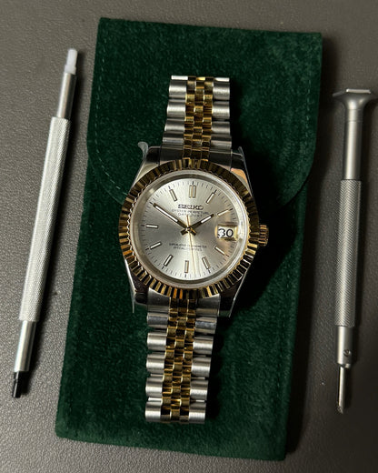 DateJust: Two-Tone Gold White Dial Stick Markers w/ Jubilee Bracelet