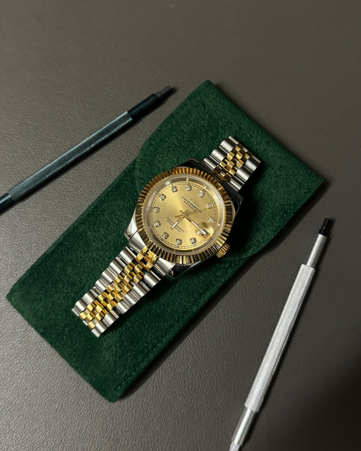 Seiko Mod DateJust: Two Tone Champagne Gem Marker Dial on Jubilee Bracelet