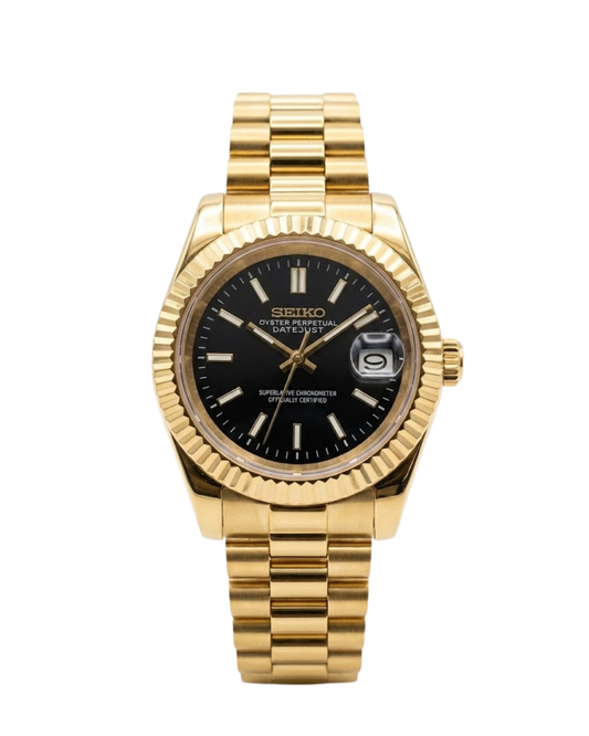 DateJust: Gold Black Dial Stick Markers w/ Presidential Bracelet