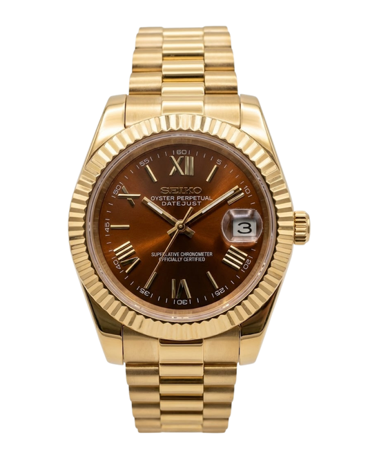 DateJust: Rose Gold Chocolate Dial Roman Numerals Fluted Bezel on Presidential Bracelet