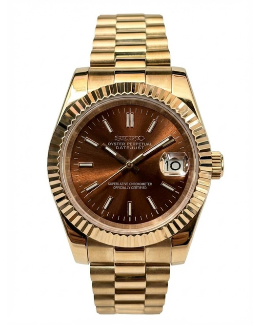 DateJust: Rose Gold Chocolate Dial Stick Markers w/ Presidential Bracelet