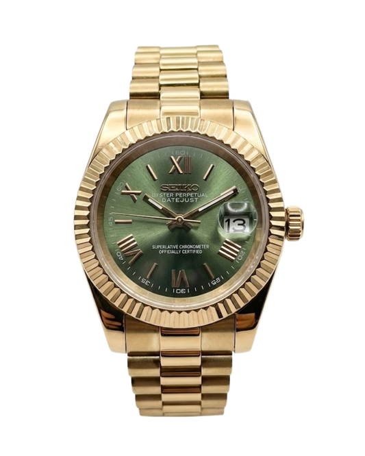 DateJust: Rose Gold Olive Dial Roman Numeral Markers w/ Presidential Bracelet
