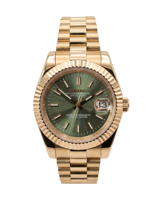 DateJust: Rose Gold Olive Green Dial Stick Markers w/ Presidential Bracelet