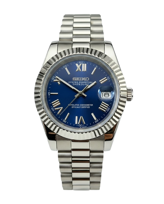 DateJust: Stainless Steel Blue Dial Roman Markers w/ Presidential Bracelet