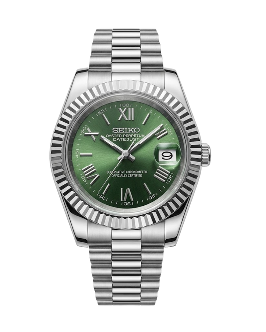 DateJust: Stainless Steel Green Olive Dial Roman Markers w/ Presidential Bracelet