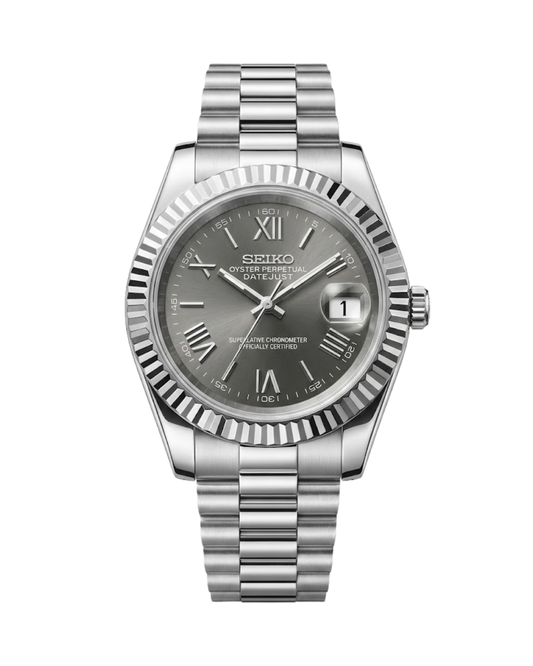 DateJust: Stainless Steel Grey Dial Roman Markers w/ Presidential Bracelet