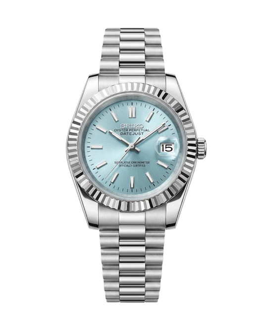 DateJust: Stainless Steel Ice Blue Dial Stick Markers w/ Presidential Bracelet