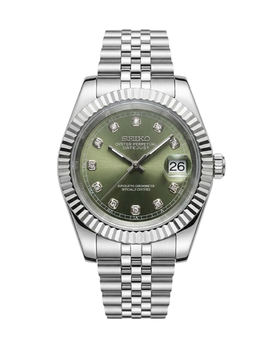 DateJust: Stainless Steel Sunburst Olive Dial Gem Markers w/ Jubilee Bracelet