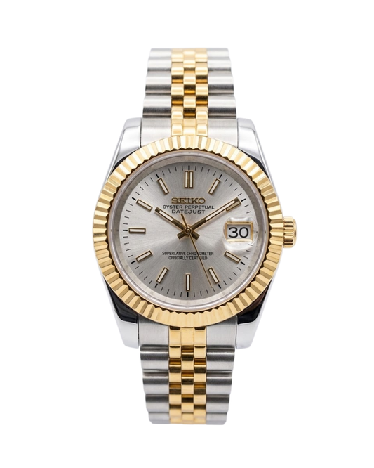 DateJust: Two-Tone Gold White Dial Stick Markers w/ Jubilee Bracelet