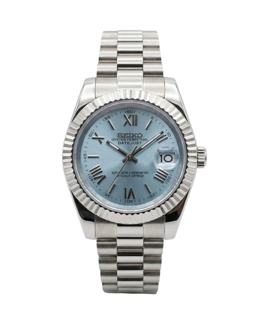 Datejust: Stainless Steel Ice Blue Dial Roman Markers w/ Presidential Bracelet