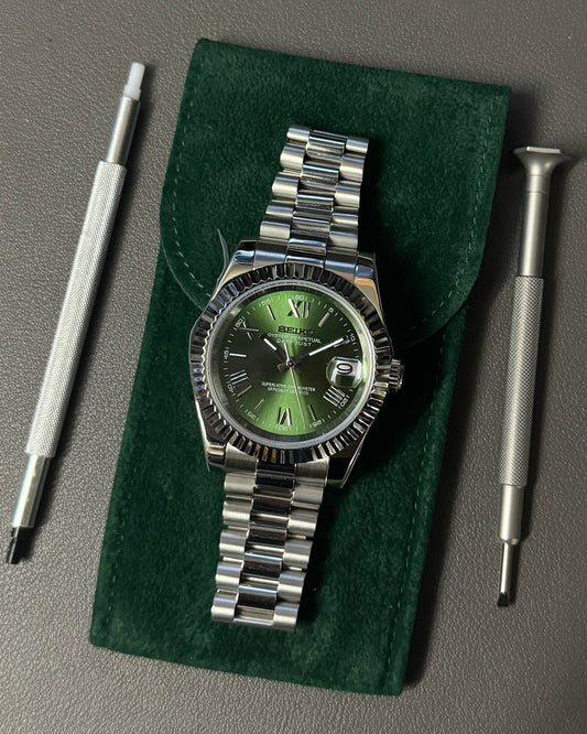 DateJust: Stainless Steel Green Olive Dial Roman Markers w/ Presidential Bracelet