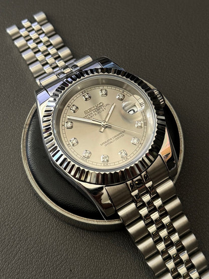 Seiko Mod DateJust: Stainless Steel Grey Dial Gem Markers w/ Jubilee Bracelet