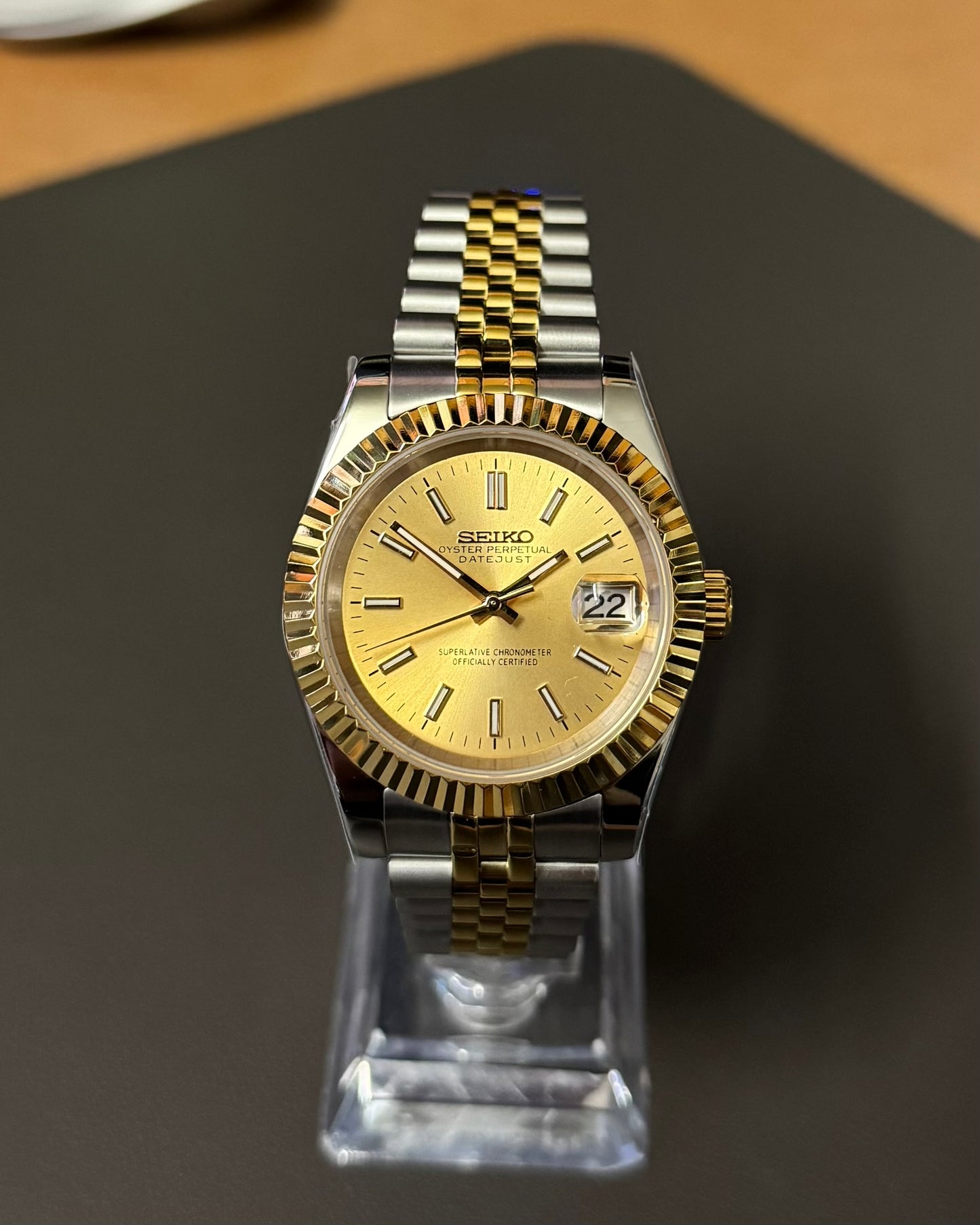 DateJust: Two Tone Gold Champagne Dial Stick Markers w/ Jubilee Bracelet