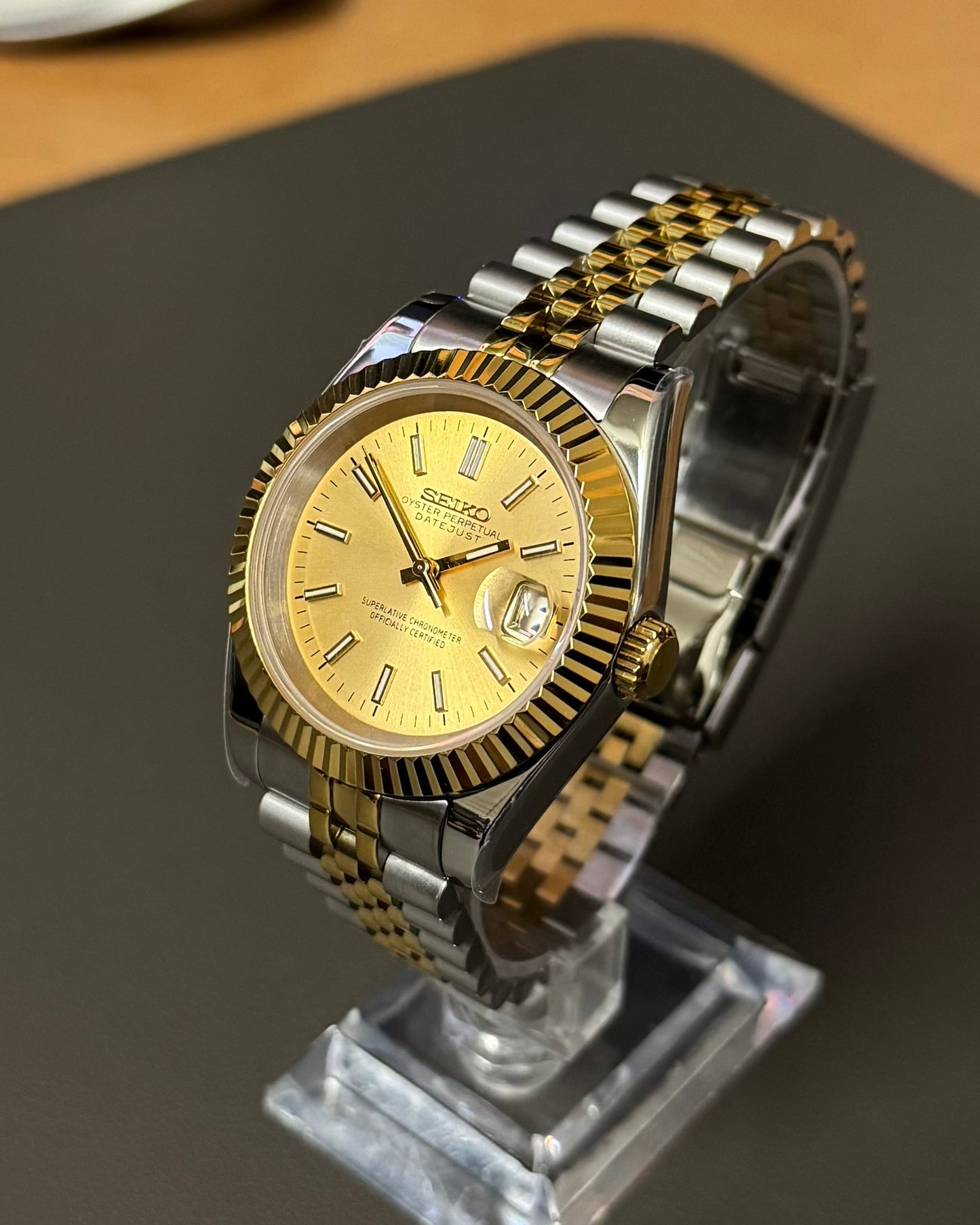 DateJust: Two Tone Gold Champagne Dial Stick Markers w/ Jubilee Bracelet