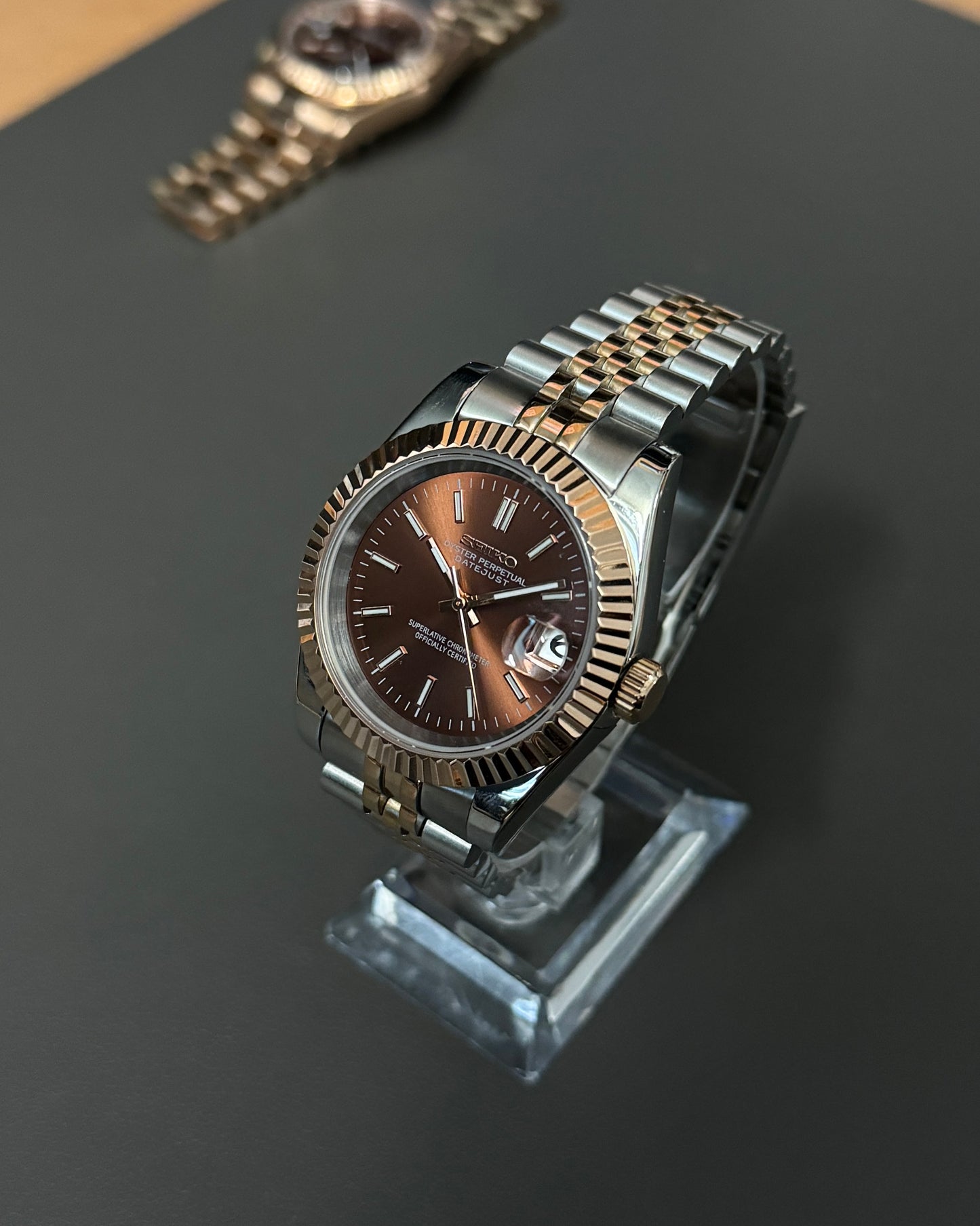 Seiko Mod DateJust: Two Tone Rose Gold Chocolate Dial Stick Markers w/ Jubilee Bracelet