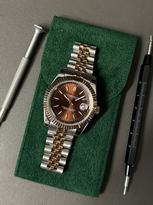 Seiko Mod DateJust: Two Tone Rose Gold Chocolate Dial Stick Markers w/ Jubilee Bracelet