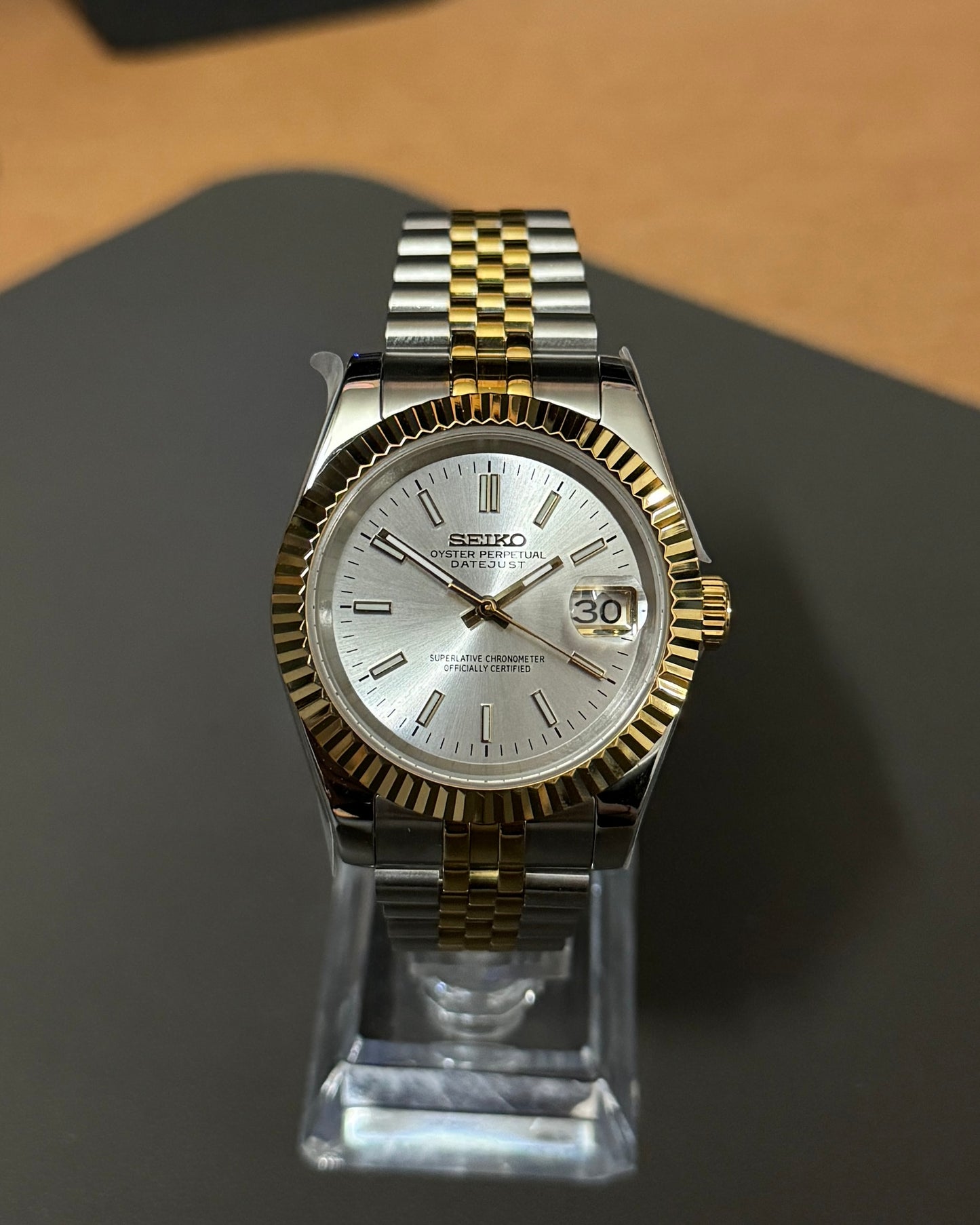 Seiko Mod DateJust: Two-Tone Gold White Dial Stick Markers w/ Jubilee Bracelet