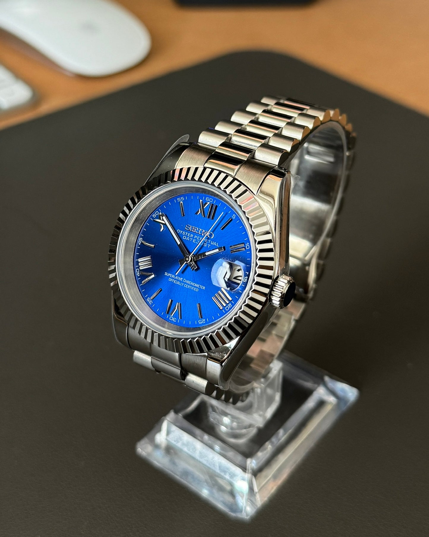 DateJust: Stainless Steel Blue Dial Roman Markers w/ Presidential Bracelet