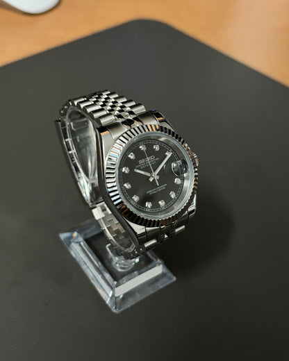 Seiko Mod Datejust: Stainless Steel Black Dial Gem Markers w/ Jubilee Bracelet