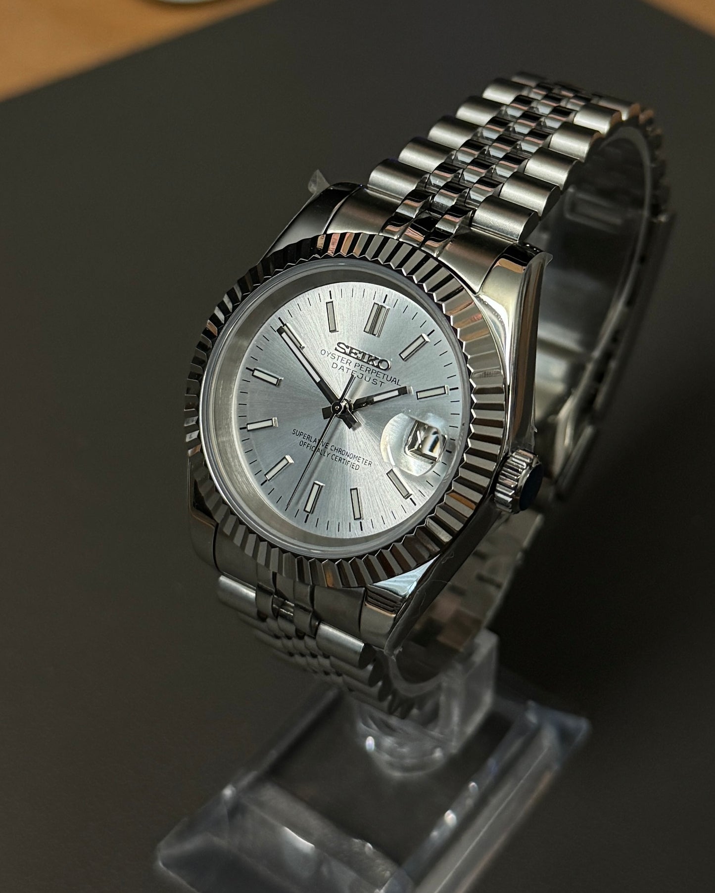 Seiko Mod DateJust: Stainless Steel Sunburst White Dial Stick Markers w/ Jubilee Bracelet