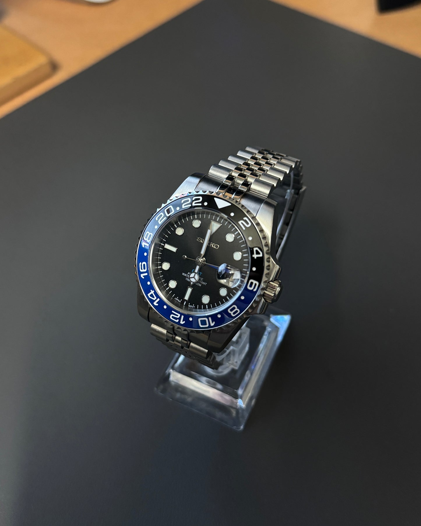 Seiko Mod GMT: Stainless Steel Batman on Jubilee Bracelet