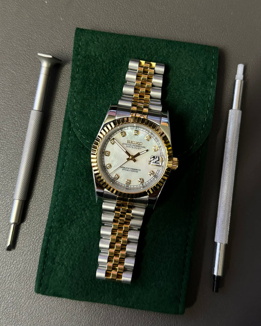 Seiko Mod DateJust: Two-Tone Gold Mother of Pearl Dial Gem Markers w/ Jubilee Bracelet