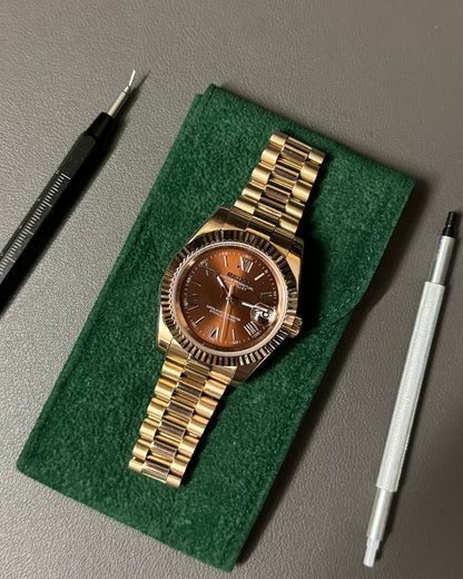 DateJust: Rose Gold Chocolate Dial Roman Numerals Fluted Bezel on Presidential Bracelet