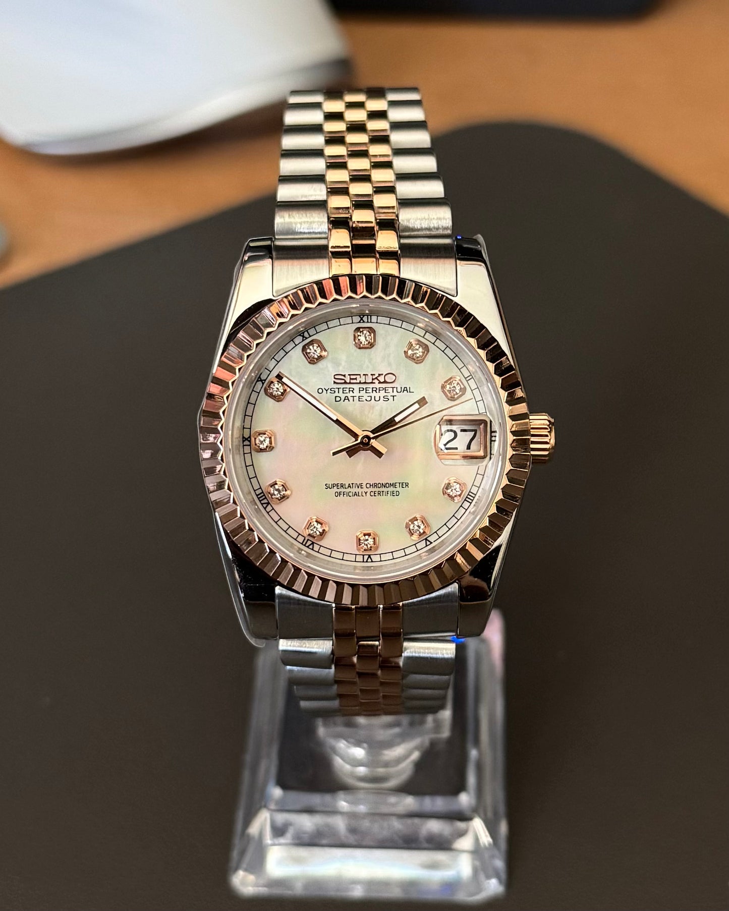 Seiko Mod DateJust: Two-Tone Rose Gold Mother of Pearl Dial Gem Markers w/ Jubilee Bracelet