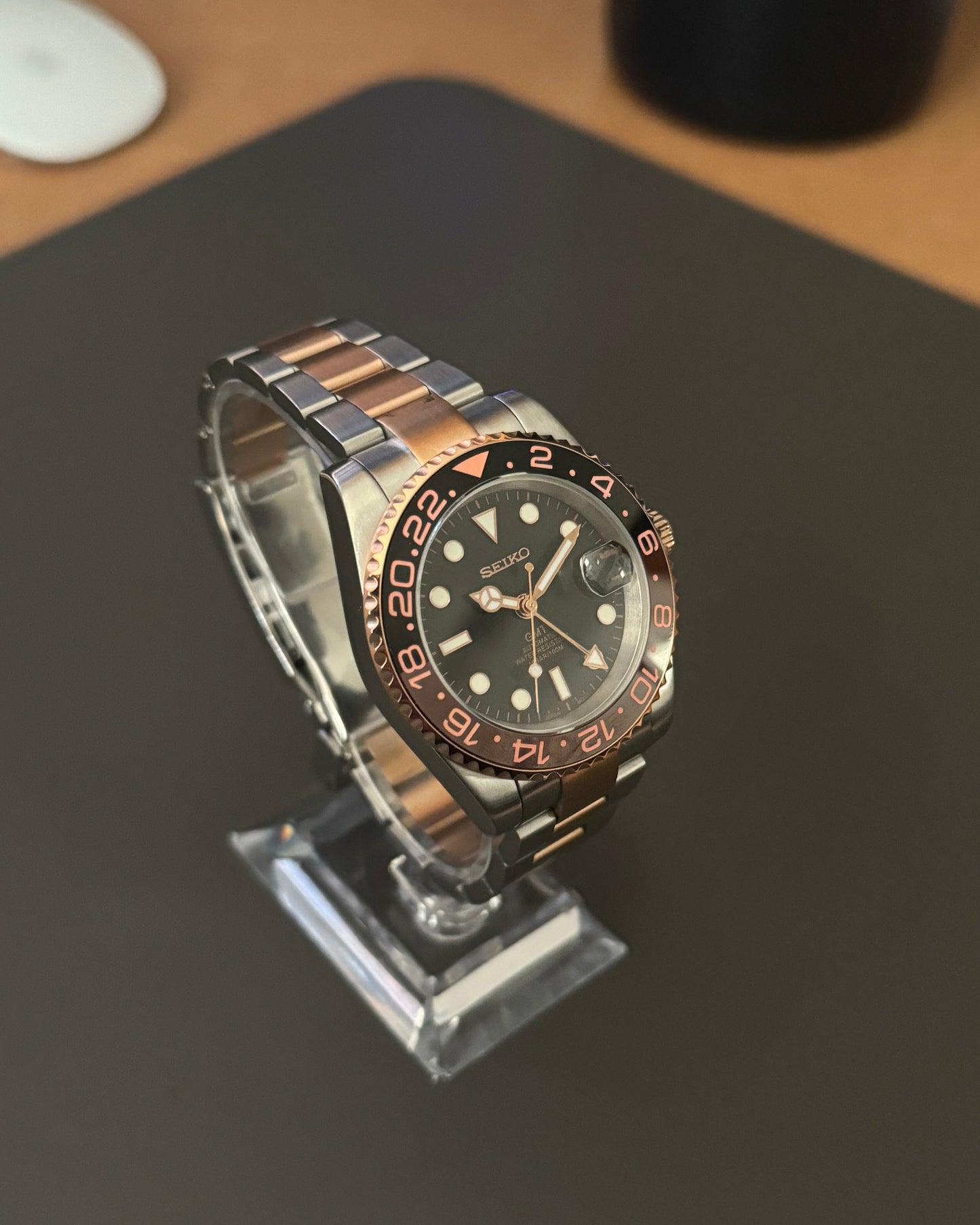 Seiko Mod GMT: Two-Tone Rose Gold Root Beer Rotating Bezel w/ Oyster Bracelet