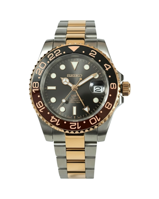 GMT: Two-Tone Rose Gold Root Beer Rotating Bezel w/ Oyster Bracelet