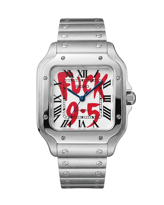 Santos: Stainless Steel White “Fuck 9-5” Dial Roman Markers