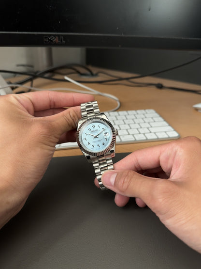 Seiko Mod DateJust: Stainless Steel Ice Blue Dial Arabic Markers w/ President Bracelet